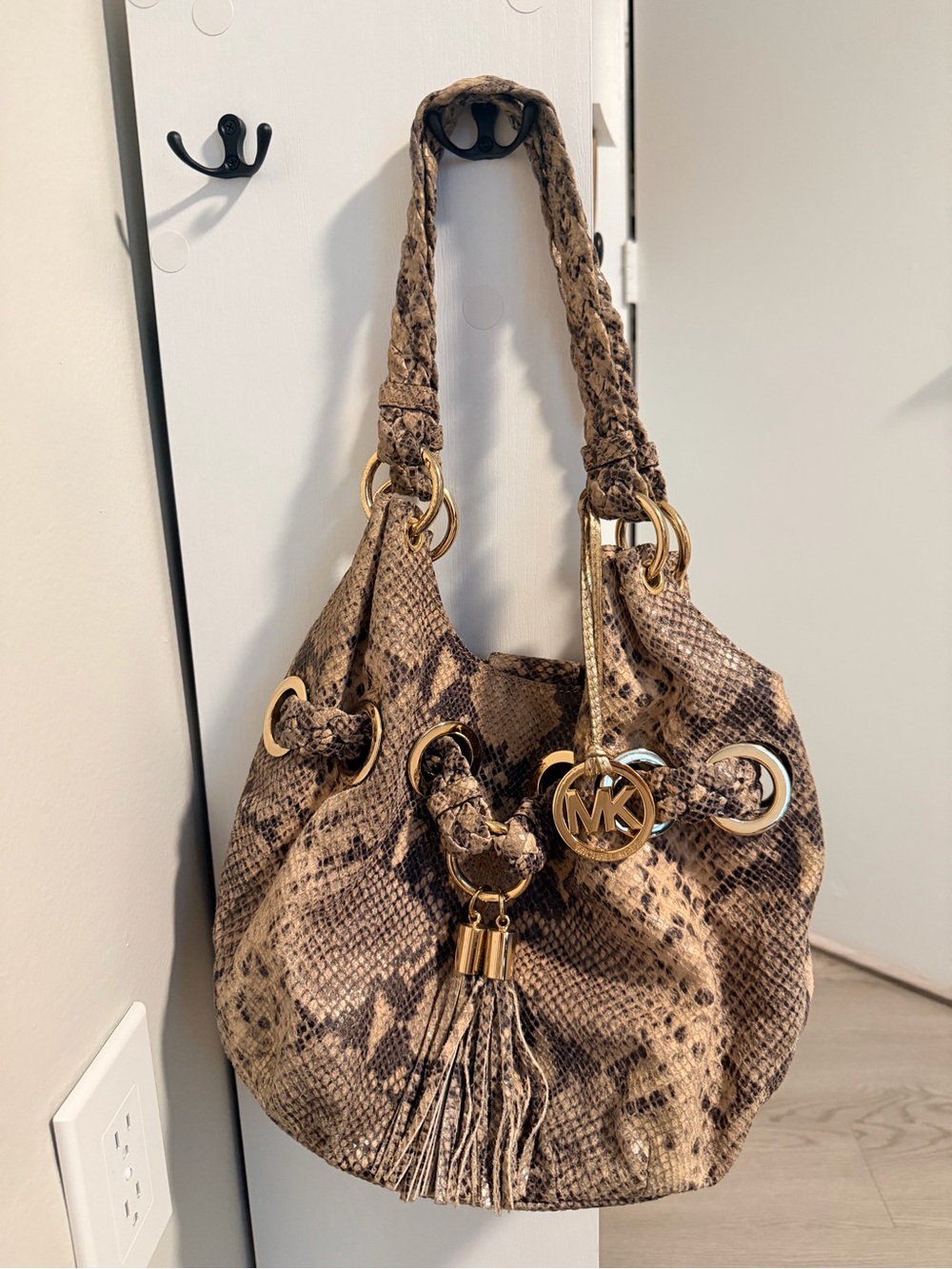 Michael Kors Taupe Snake-Print Hobo Shoulder Bag with Gold Hardware